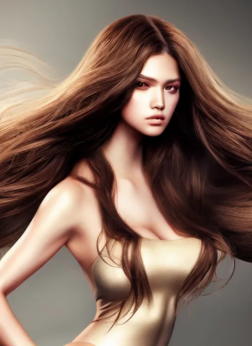 Image similar to a gorgeous female with long brown hair, photo by nick knight, realistic, full body shot, wide angle, sharp focus, 8 k high definition, insanely detailed, intricate, elegant, art by stanley lau and artgerm, floating embers