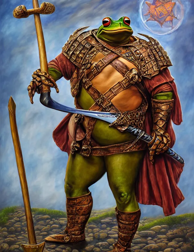 Image similar to anthropomorphic bipedal frog that is dressed as a medieval barbarian, and holding a giant club, as a matte oil painting, d & d character reveal, by alex grey, standing, fullbody, tattoos, piercings, knickknacks, mystic, concept art, award - winning, extremely detailed, sharp focus