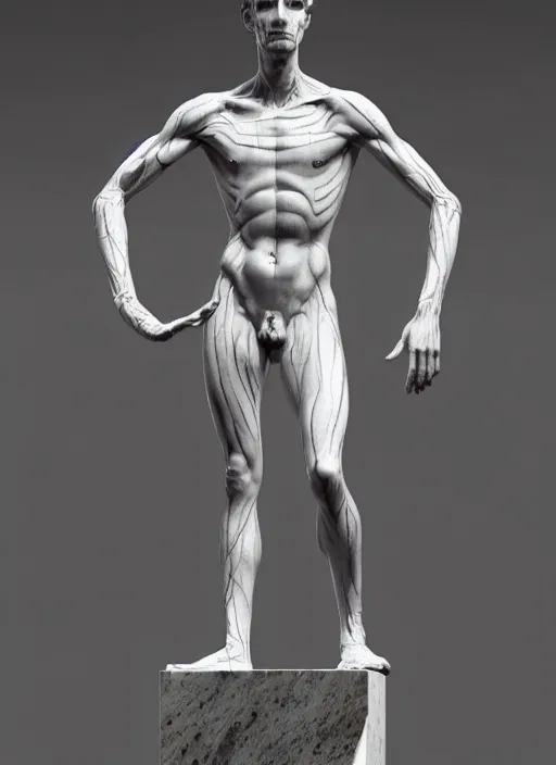 Prompt: a statue made of white marble with purple veins, of waluigi, transhumanism, full body shot, perfect symmetrical body, perfect symmetrical face, hyper realistic, hyper detailed, by johannen voss, by peter kemp, by monia merlo, by michelangelo, by ernst haeckel, by alex grey, octane render, blender, 8 k
