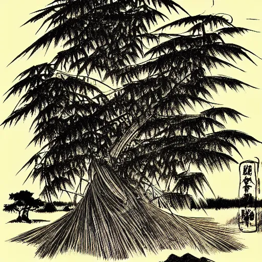 Image similar to photorealistic creepy demonic building disk osprey creek spice bamboo tree , by Katsushika Hokusai and George Inness and Paul Cezanne , 20 megapixels , storybook illustration , charcoal drawing