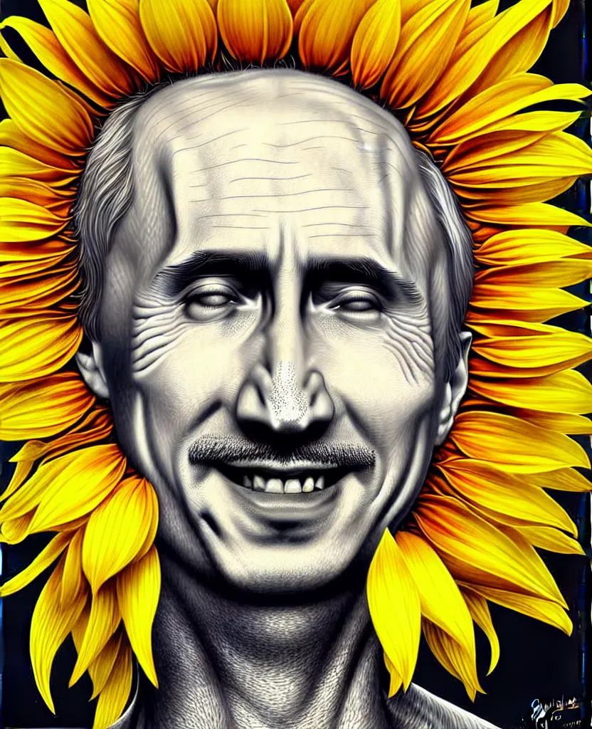 Image similar to digital art, centered full body of young any old Putin smiling king, Sunflower crown, ,intricate, veins, by James Jean and by artgerm , by ross tran ultradetailed, charachter design, concept art, trending on artstation,