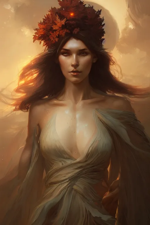 Image similar to goddess of the autumn twilight, highly detailed, digital painting, artstation, concept art, smooth, sharp focus, elegant, illustration, unreal engine 5, 8 k, art by artgerm and greg rutkowski and edgar maxence