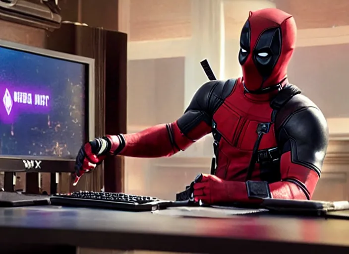 Image similar to film still of Deadpool working as a twitch streamer next to his RGB gaming PC in his neon lit bedroom in the new Deadpool movie, 4k