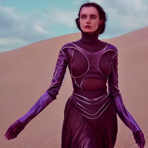 Image similar to Fashion photography of a woman wearing an outfit inspired by Dune (2021), artistic photography, cinematic lighting, insanely detailed, cinestill 800t, Vogue magazine