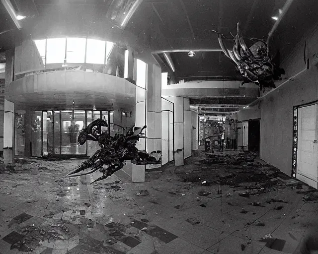 Image similar to camera footage of a Rabid Zerglings in an abandoned shopping mall, high exposure, dark, monochrome, camera, Unreal engine 5, grainy, CCTV, security camera footage, timestamp, zoomed in, fish-eye lens, Evil, Zerg, Brood, spider, horrifying, lunging at camera :4