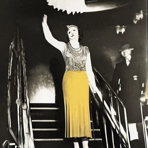 Prompt: a vintage historical fantasy 1 9 3 0 s kodachrome slide german and eastern european mix of the queen of winter is pictured attending a royal tour. she is shown descending a staircase from a luxurious plane, waving to the crowd below. she is donning a pencil skirt and peplum jacket in a yellow and green skirt suit.