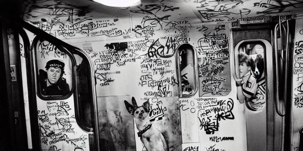 Image similar to new york subway cabin 1 9 8 0 s inside all in graffiti, 1 9 8 0 s policeman with the k - 9 dog, coloured film photography, christopher morris photography, bruce davidson photography