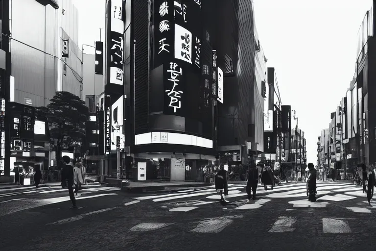 Image similar to still photo of a japanese street crossing, tokyo, black and white color aesthetic, highly detailed, photorealistic portrait, bright studio setting, studio lighting, crisp quality and light reflections, unreal engine 5 quality render