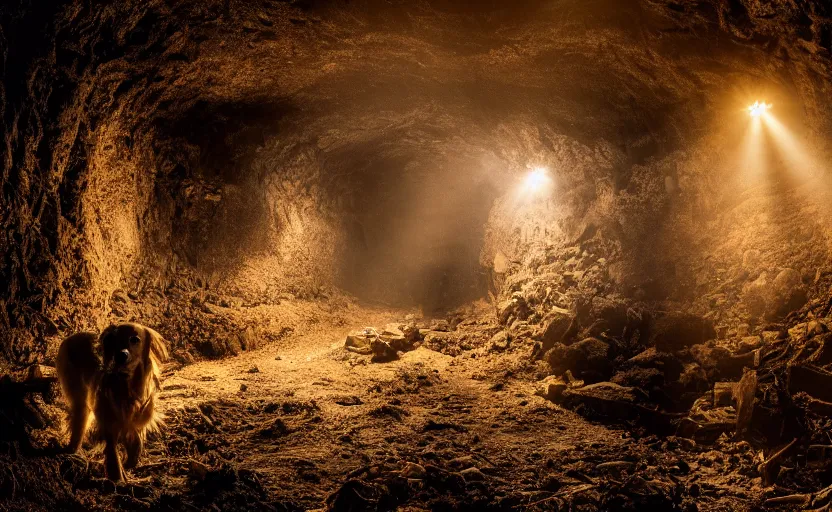 Prompt: a dirty golden retriever in a dark mine wearing a wild west hat and jacket, large piles of gold nuggets, moody lighting, light coming from tunnel entrance, stylized photo