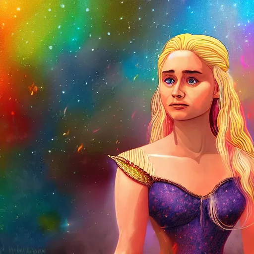 Prompt: colorful digital art of khaleesi, mother of dragons, dramatic pose, starry background highly detailed, 4k