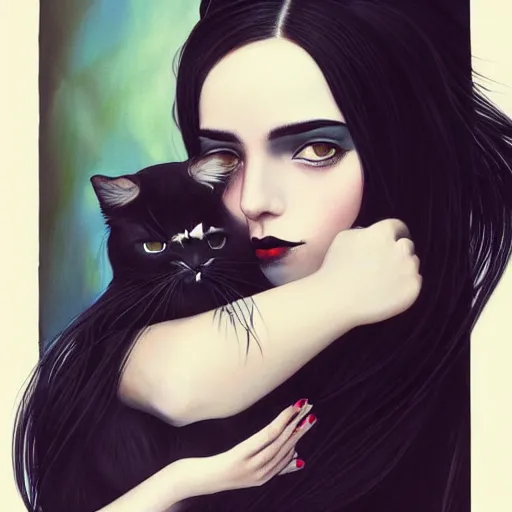 Image similar to a painting of an emo mexican woman with long dark hair thick eyebrows dark eyes and dark circles wide nose big eyes oval face shape big cheeks holding her cat, photorealistic painting by tran nguyen ilya kuvshinov and greg rutkowski featured on deviantart, gothic art, goth, gothic, detailed painting