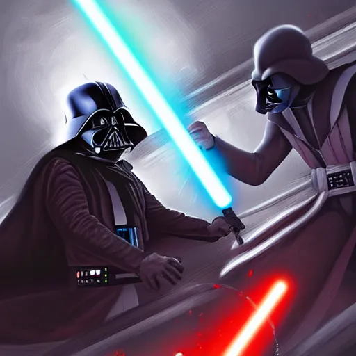 Prompt: beautiful digital painting of rick sanchez fighting darth vader. trending on artstation