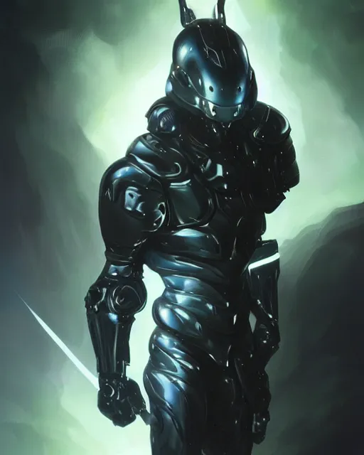 Image similar to iridescent sinewy smooth muscular male sleek glossy black pearlescent scifi armor with smooth black featureless helmet, by greg rutkowski and mark brookes and jim burns and tom bagshaw and magali villeneuve, trending on artstation