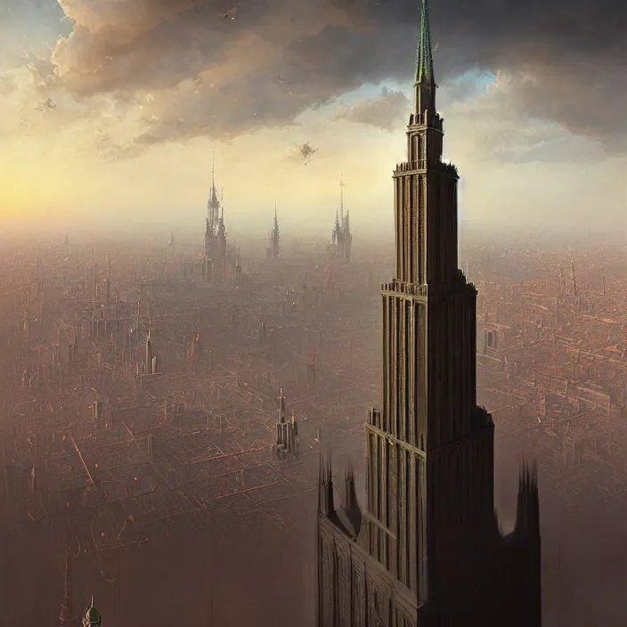 Image similar to matte painting by marc simonetti, jonathan solter, greg rutkowski of a moscow state university building, masterpiece, cinematic, hyperdetailed, photorealistic, hyperrealism, architecture, aerial view,