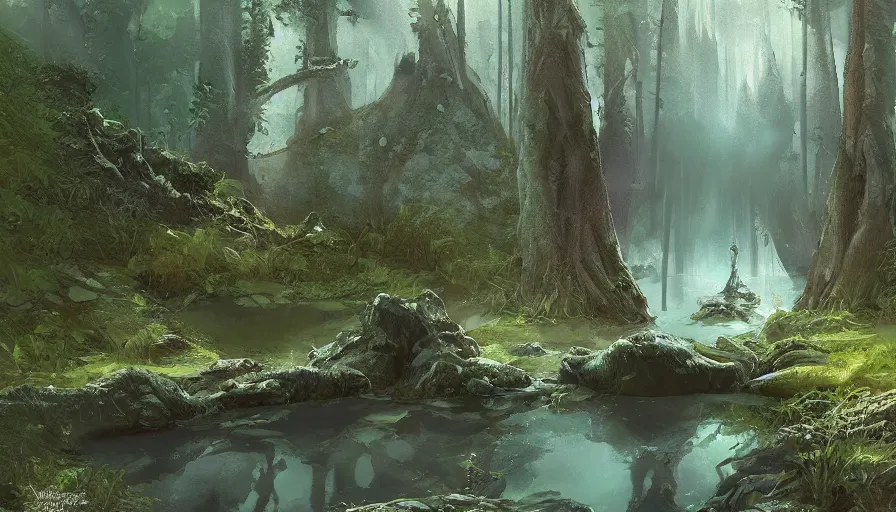 Image similar to sword stuck in a pond island, rainy enchanted forest of the ancients, moody high exposure, digital painting, concept art, photoshop speedpaint, by lihangw