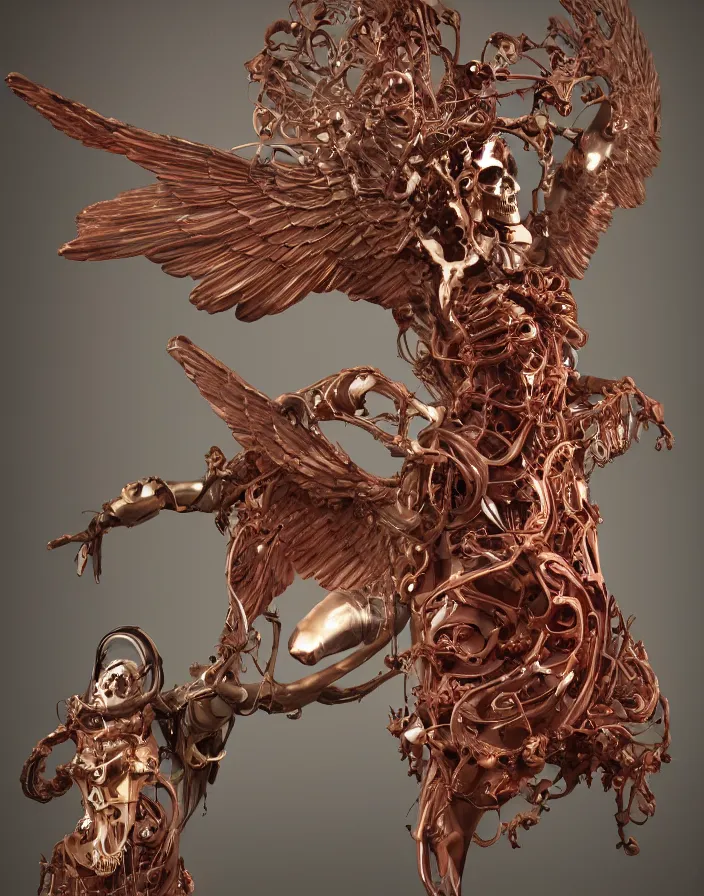 Prompt: biomechanical wear of a falling man in the form of a Greek sculpture Winged Victory of Samothrace with wings and skulls. beautiful woman. vintage bulb. red plastic. baroque elements, human skull, jellyfish, butterfly, phoenix head. burning water. intricate artwork by Tooth Wu and wlop and beeple and dan mumford and greg rutkowski and nekroxiii. halo. octane render, cinematic, hyper realism, octane render, 8k, depth of field, bokeh. iridescent accents. vibrant. teal and gold and red colour scheme