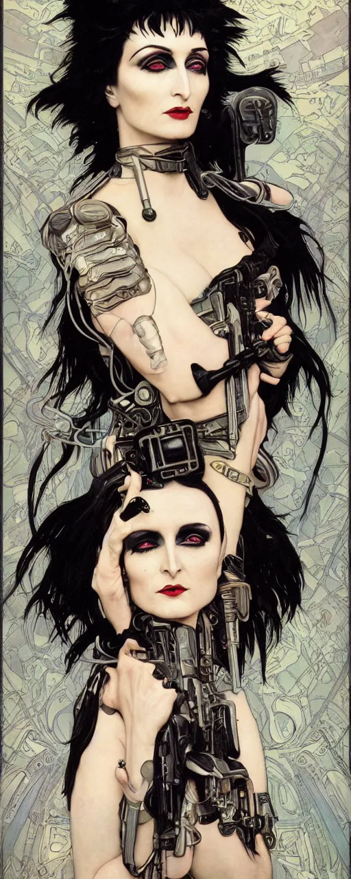 Image similar to a beautiful and captivating sci - fi art nouveau style portrait of siouxsie sioux as a futuristic gothpunk rebel soldier by chris achilleos, travis charest and alphonse mucha, mixed media painting, photorealism, extremely hyperdetailed, perfect symmetrical facial features, perfect anatomy, ornate declotage, circuitry, technical detail, confident expression, wry smile