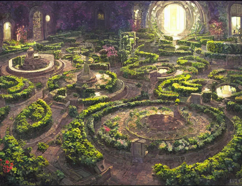Prompt: french formal garden in a space fortress. this oil painting by the award - winning mangaka has dramatic lighting, an interesting color scheme and intricate details.