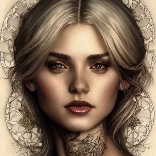 Image similar to ultra realistic illustration, a hot and beautiful tattooed blonde slavic woman in her 3 0's, intricate, elegant, highly detailed, digital painting, artstation, concept art, smooth, sharp focus, illustration, art by artgerm and greg rutkowski and alphonse mucha