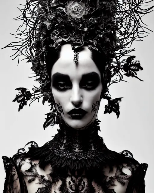 Image similar to surreal dark poetic black and white photo portrait of complex bio-mechanical beautiful young silver female vegetal-cyborg with a fur metal fine lace face, a very long neck and a fine metal floral foliage super big lace collar by Vivienne Westwood:: smoke, high fashion, haute couture, rococo, avant-garde, silver filigree details, anatomical, facial muscles, cable wires, microchip, elegant, dreamy, foggy atmosphere, hyper realistic, 150 mm lens, soft rim light, octane render, unreal engine, picture was taken in 1910 by Man Ray, volumetric lighting, dramatic light,8k,