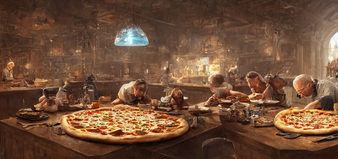 Prompt: the discovery of pizza, scientific, tools, happy chef, intricate, hyper detailed, 8k, james gurney, greg rutkowski, john howe, artstation