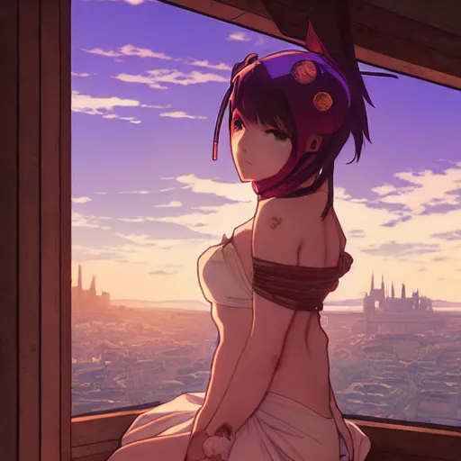 Prompt: anime in the style of arcane, beautiful gorgeous female shinobi sitting on an old oriental roof at sunset, wlop, alphonse mucha, greg rutkowski, ilya kuvshinov, sharp focus, backlit