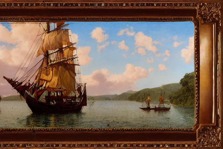 Prompt: painting of a spanish galleon, a spanish galleon, sailing the amazon river, jungle, sunset, clouds, chill, romantic, by ludwig deutsch and maxfield parrish, patterned tilework, extremely detailed, cinematic lighting, smooth sharp focus