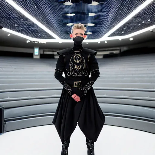 Image similar to medium face shot of adult Austin Butler dressed in futuristic-tudoresque black-prussian blue garb with embroidered-Ram-emblem, and nanocarbon-vest, in an arena in Dune 2021, XF IQ4, f/1.4, ISO 200, 1/160s, 8K, face in-frame