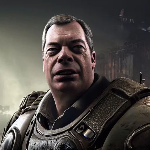 Image similar to Portrait of Nigel Farage in Gears of War, splash art, movie still, cinematic lighting, dramatic, octane render, long lens, shallow depth of field, bokeh, anamorphic lens flare, 8k, hyper detailed, 35mm film grain