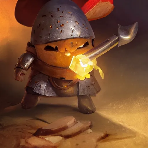 Image similar to medieval battle toast, a slice of toasted bread with a face, arms and legs, holding a sword, cute, pixar, volumetric lighting, dynamic composition, fantasy, hyper detailed, ultra realistic, sharp focus, octane render, concept art by ruan jia and heng z and artem