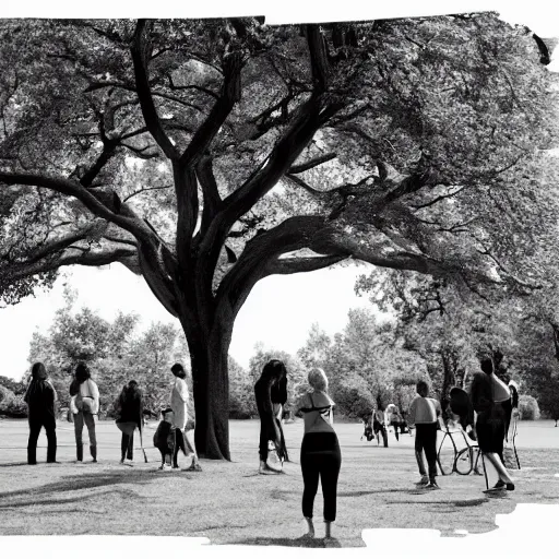 Prompt: a group of people in a park staring up at a gigantic tree, professional monochromatic artwork