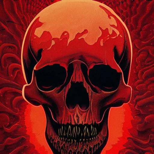 Prompt: a painting of a skull with red eyes, poster art by jeffrey smith, behance contest winner, psychedelic art, cosmic horror, anaglyph effect, darksynth