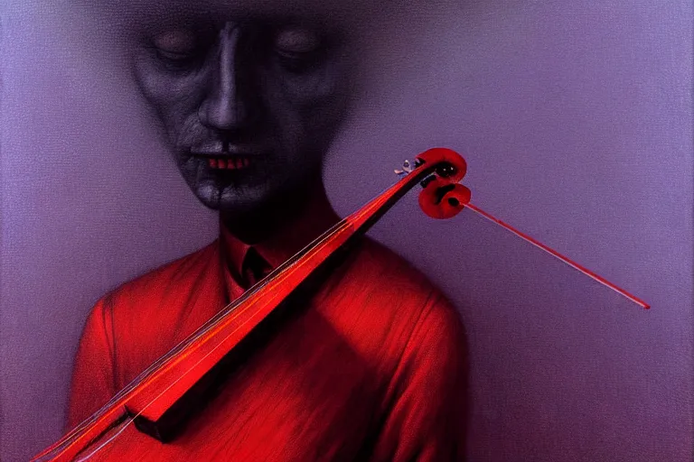 Image similar to abstract tech concept of the mystery musician with colored smoke playing a violin, in the style of rafał olbinski, in the style of beksinski, intricate and epic composition, red by caravaggio, insanely quality, highly detailed, masterpiece, purple light, artstation, 4 k