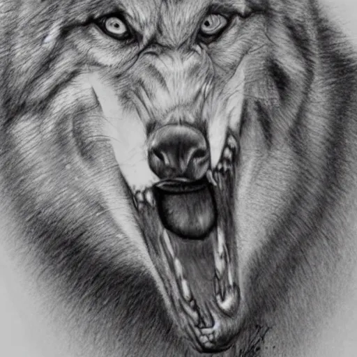 Prompt: Pencil sketch of a man's face emerging from a wolfs mouth, detailed, trending