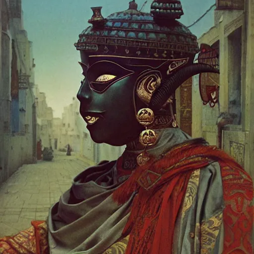 Image similar to portrait of masked Byzantine Tang Dynasty dancer on the art deco streets of the Undying Empire city of ya-Sattra during the Festival of Masks, award-winning realistic sci-fi concept art by Beksinski, Bruegel, Greg Rutkowski, Alphonse Mucha, and Yoshitaka Amano