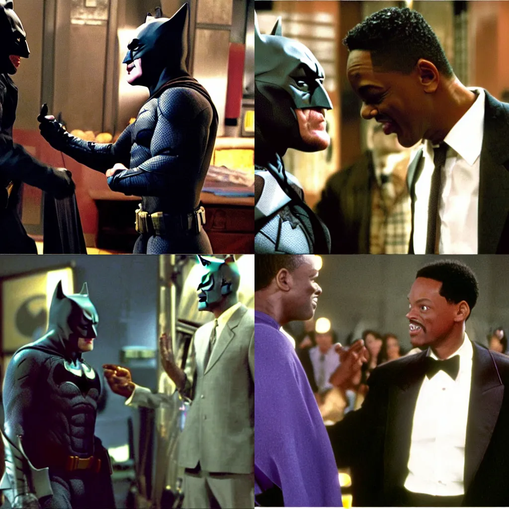 Prompt: TV screen grab of The slap scene from the 94th Academy Awards where Batman (played by Will Smith) slaps The Joker (played by Chris Rock)