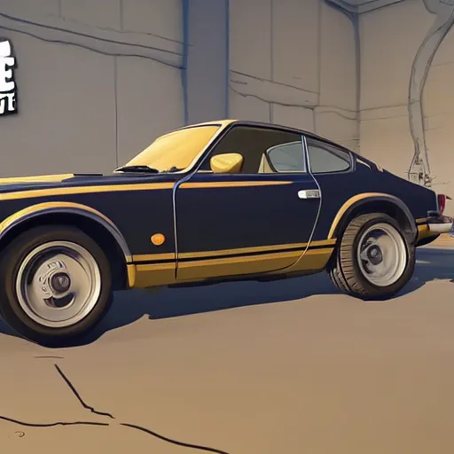 Image similar to a cartoon 1 9 7 0 datsun 2 4 0 z in fortnite, unreal engine