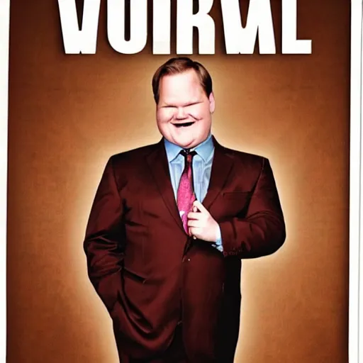 Image similar to Andy Richter is wearing a chocolate brown suit and necktie, holding a sign that reads Stop making these images of me of I WILL tell Conan!!