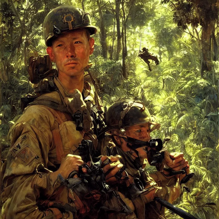 Prompt: portrait of a us soldier, vietnam war, majestic, posing into helicopter, above the jungle, fine art portrait painting, strong light, clair obscur, by caravaggio, by gaston bussiere, craig mullins