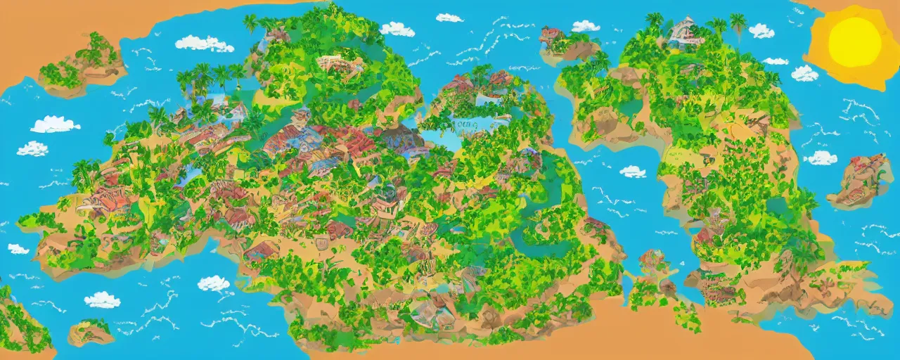 Prompt: Environment map of a large tropical island with mountains, waterfalls, floral gardens, wood house villages, fruit orchards, and grasslands, bold complementary colours, cartographic