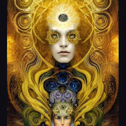 Image similar to Memento Mori by Karol Bak, Jean Deville, Gustav Klimt, and Vincent Van Gogh, beautiful visionary mystical portrait, otherworldly, fractal structures, ornate gilded medieval icon, third eye, spirals, ornate Neo-Gothic architecture