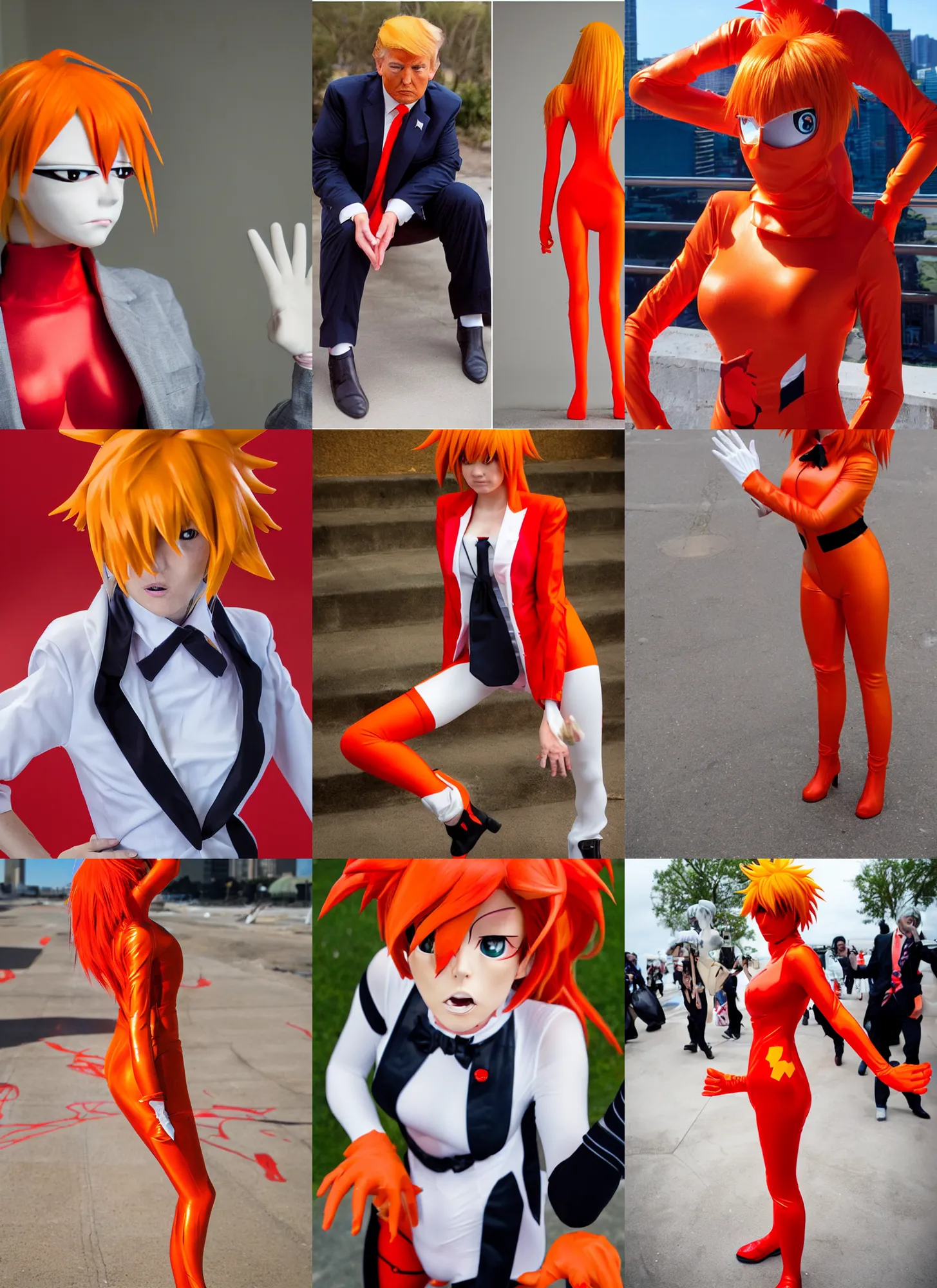 Prompt: donald trump cosplaying as asuka langley from evangelion, anime convention, red body suit, orange hair, high quality, detailed, sigma 8 5 mm