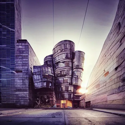 Image similar to “derelict architecture buildings, building designed by architect Frank Gehry, architecture digest, building surrounded in a luxurious environment, modern tones, fluorescent lighting,volumetric Lighting, cyber punk, photorealism, high detail, golden ratio, cinematic, octane renderer”