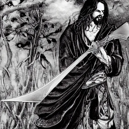 Image similar to pen and ink!!!! attractive 22 year old cyborg!!! Frank Zappa x Jared Leto golden Vagabond!!!! magic swordsman glides through a beautiful battlefield magic the gathering dramatic esoteric!!!!!! pen and ink!!!!! illustrated in high detail!!!!!!!! by Hiroya Oku!!!!!!!!! Written by Wes Anderson graphic novel published on shonen jump MTG!!! 2049 award winning!!!!