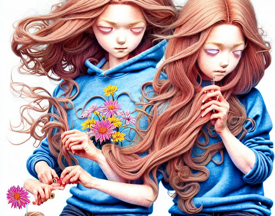 Image similar to richly detailed colored pencil 3D illustration of a beautiful English woman with long metallic hair wearing a hoodie and short shorts,she is sewing thread drawings of flowers into her own thighs. mirrored background with completely rendered reflections, art by Range Murata and Artgerm.