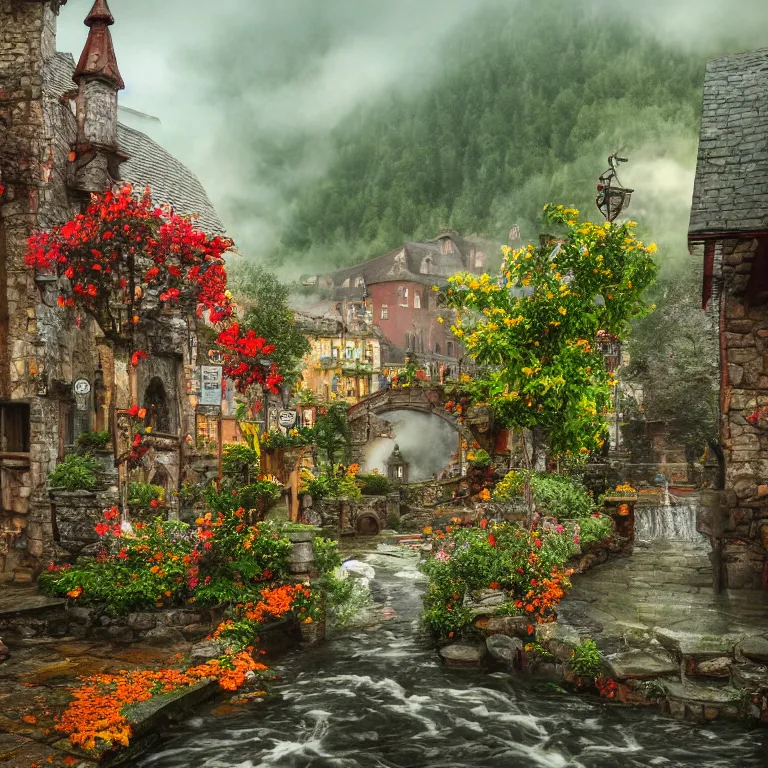 Prompt: medieval village, ornate, beautiful, atmosphere, vibe, mist, smoke, chimney, rain, well, wet, pristine, puddles, red and yellow flowers, waterfall, melting, dripping, snow, creek, lush, ice, bridge, cart, orange, green, stained glass, forest, flowers, concept art illustration, color page, trending on artstation