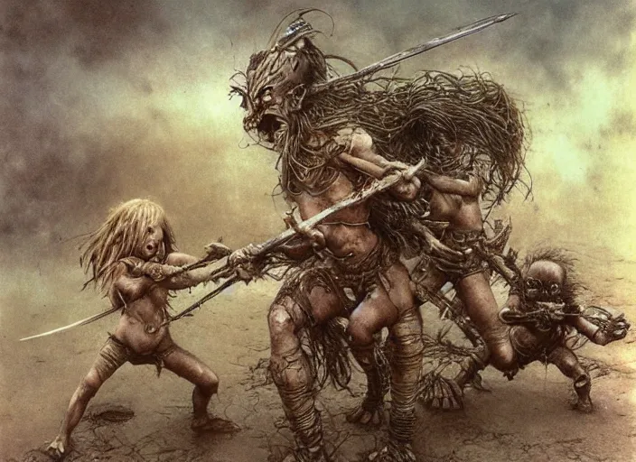 Prompt: bald barbarian girl fighting small cute goblins by Luis Royo and Beksinski