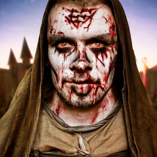 Prompt: head and shoulders photo portrait of a male medieval villager zombie in a nighttime medieval graveyard, d & d