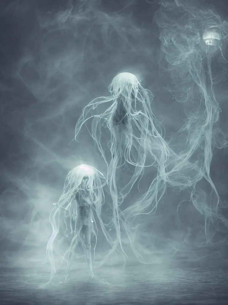 Prompt: cute fumo plush beautiful ectoplasmic gothic skeletal jellyfish ghost girl, glowing milky wisps of hazy smoke and volumetric fog on a stormy reflective river, lens flare, subsurface scattering, vignette, asymmetry, bokeh, refraction, vray