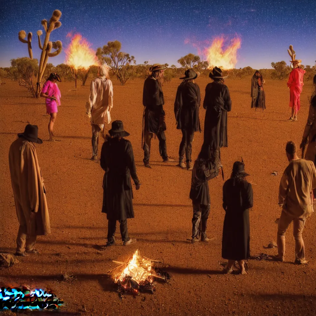 Prompt: photograph of three ravers, two men, one woman, woman is in a trenchcoat, blessing the soil at night, seen from behind, talking around a fire, two aboriginal elders, dancefloor kismet, diverse costumes, clean composition, desert transition area, bonfire, starry night, australian desert, symmetry, sony a 7 r